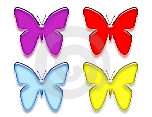 Four Butterfly Beveled Images In Purple Red Light Blue And Yellow