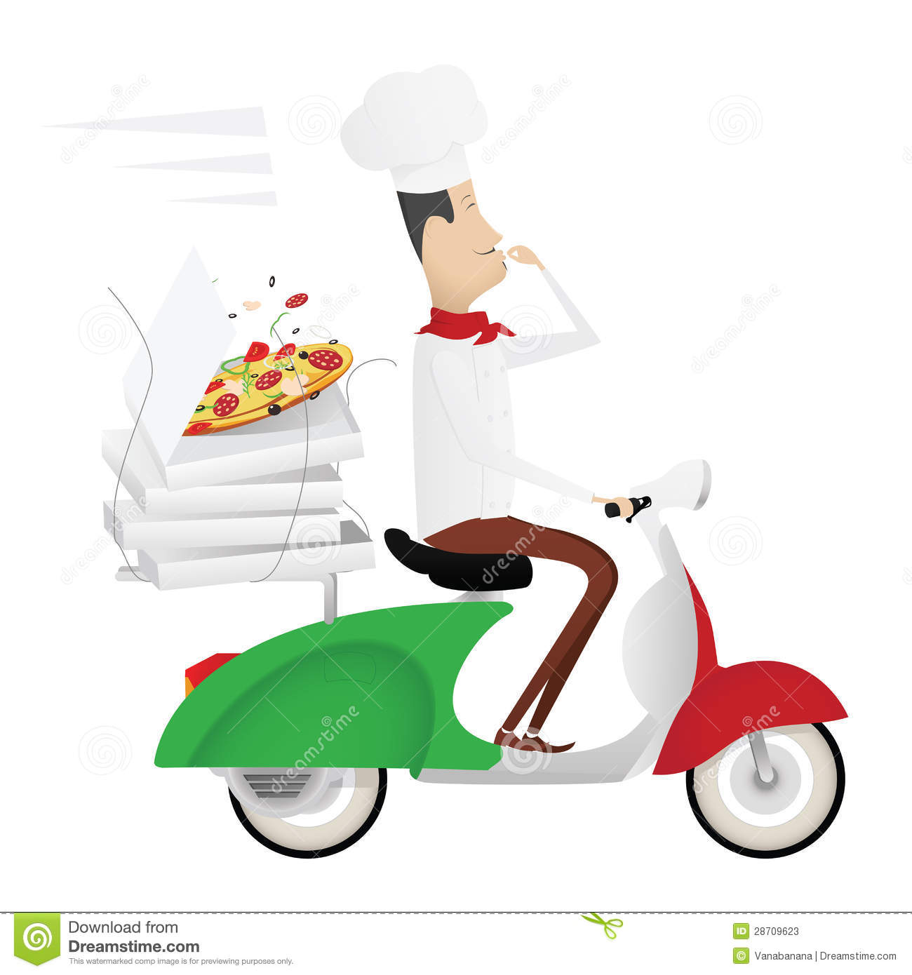 Funny Chef Delivering Pizza On A Moped Painted As Italian Flag
