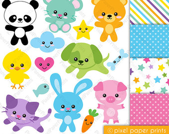 Kawaii Animals Bright Colors   Clip Art And Digital Paper Set    