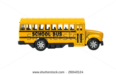 Side View Of A Toy School Bus With The Door Isolated Against A White    