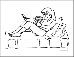 Clip Art  Kids  Girl Reading  Coloring Page    Preview 1