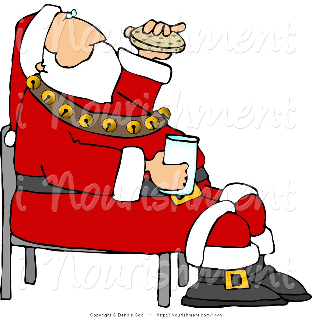 Clipart Of Santa Eating Chocolate Chip Cookies And Drinking Milk On