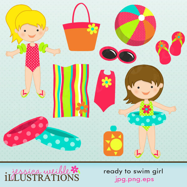 Ready To Swim Girl Cute Digital Clipart For By Jwillustrations