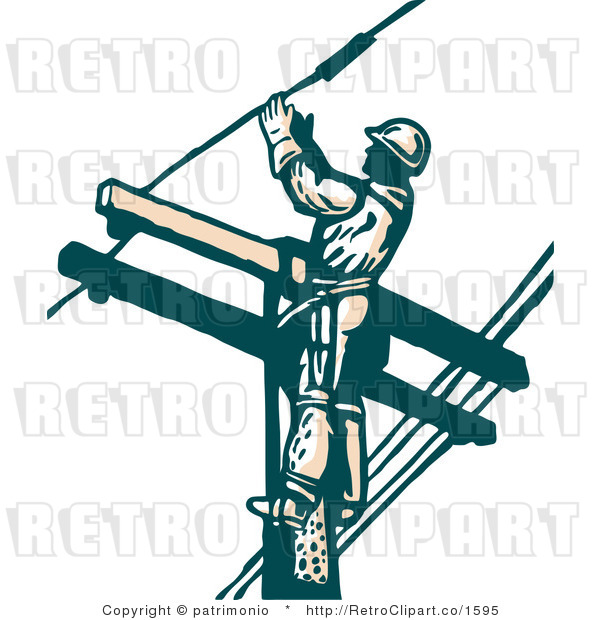 Royalty Free Retro Sketched Lineman Working On A Telephone Pole By