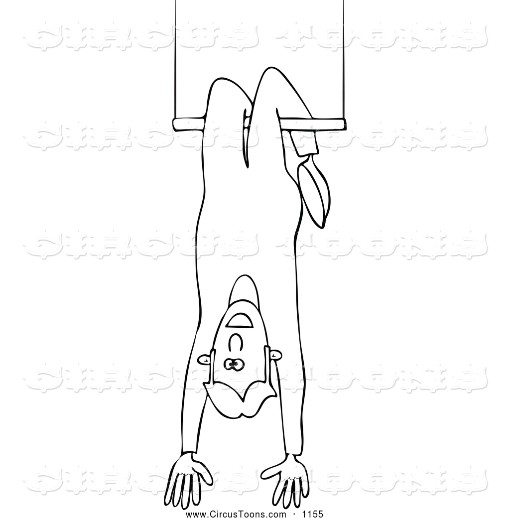 Circus Clipart Of A Black And White Circus Man Hanging Upside Down On