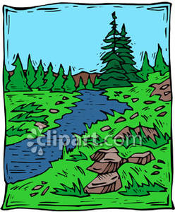 River Running Through A Forest   Royalty Free Clipart Picture