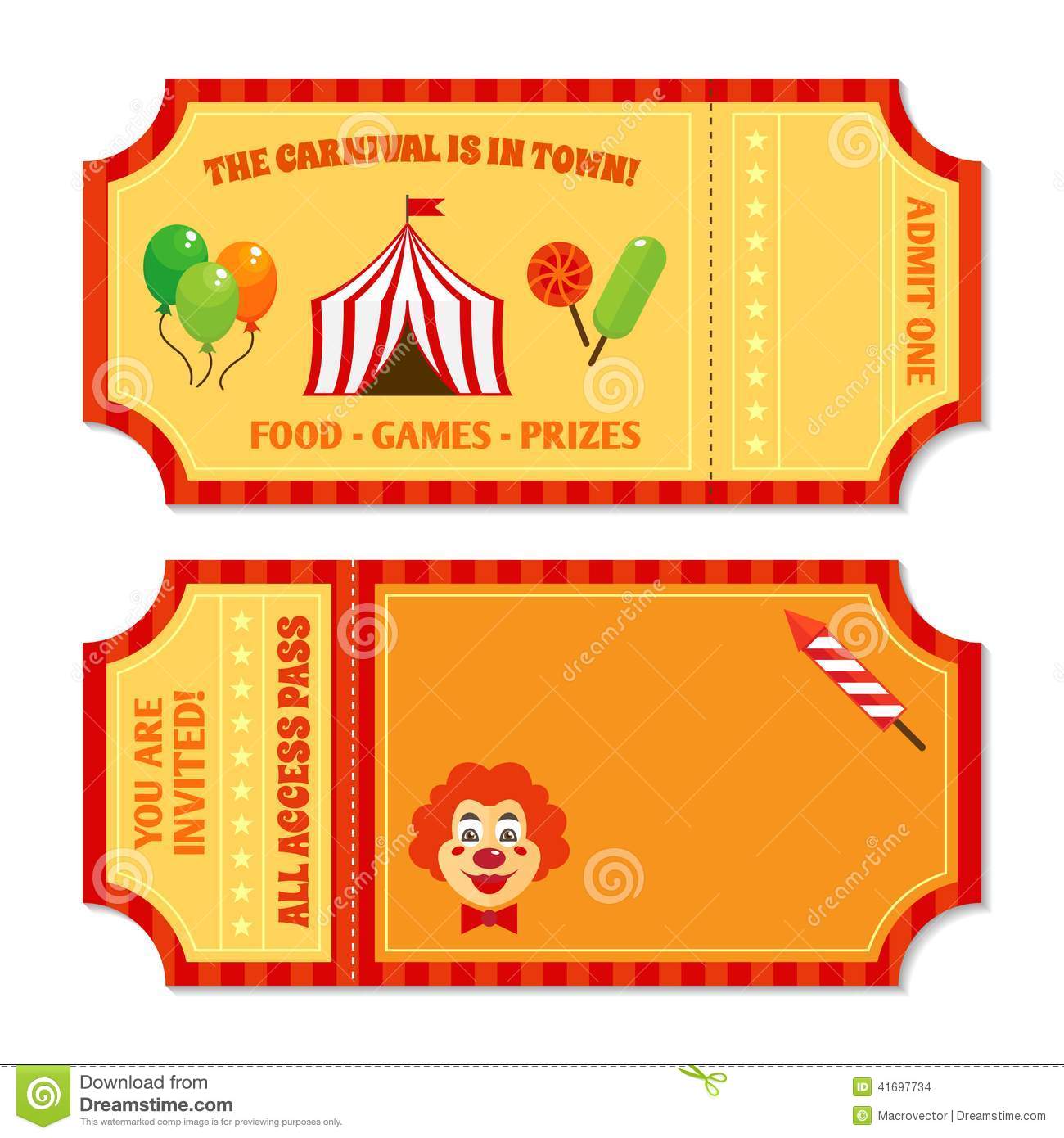 Two Vintage Circus Tickets With Clown Pavilion Tent Balloons And Candy