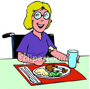 Woman In Wheelchair Eating Dinner   Royalty Free Clipart Picture