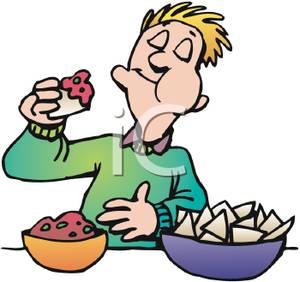 Young Man Eating Chips And Salsa   Royalty Free Clipart Picture