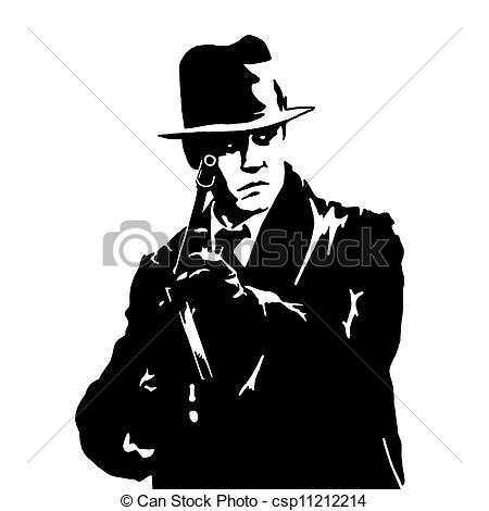 Clipart Of Mafia Man In A Black Suit And A Hat With A Gun In His