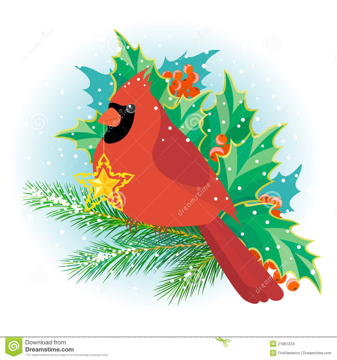 Illustration Of Cardinal Bird With Christmas Star On Pine Branch