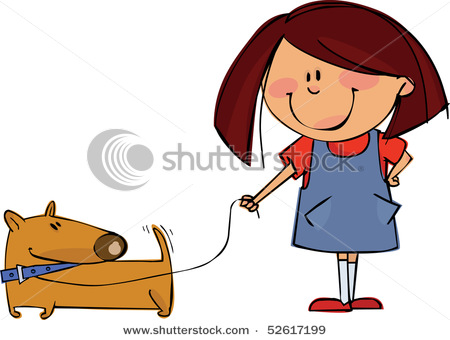 Cartoon Clipart Picture Of A Little Girl Walking Her Dog As He Wags    