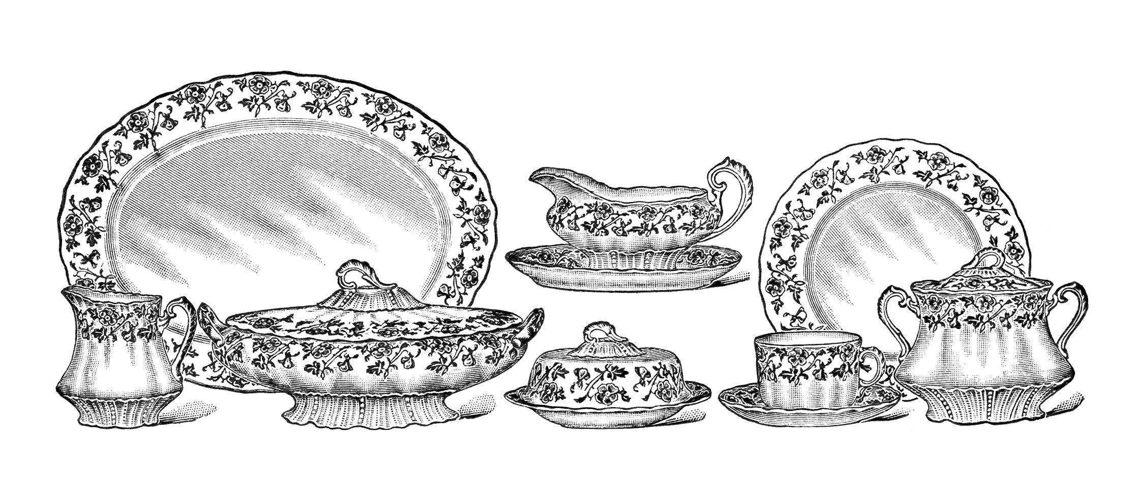 Clip Art Black And White Kitchen Clipart Antique Dishes Printable