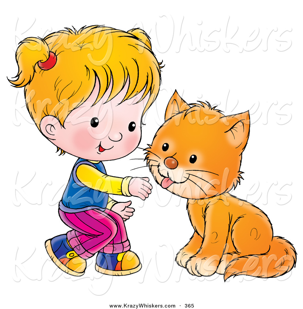 Critter Clipart Of A Little Blond Girl Crouching To Pet An Orange Cat