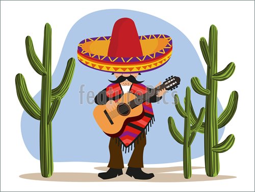 Illustration Of A Mexican Playing Guitar In The Desert Next To Cactus