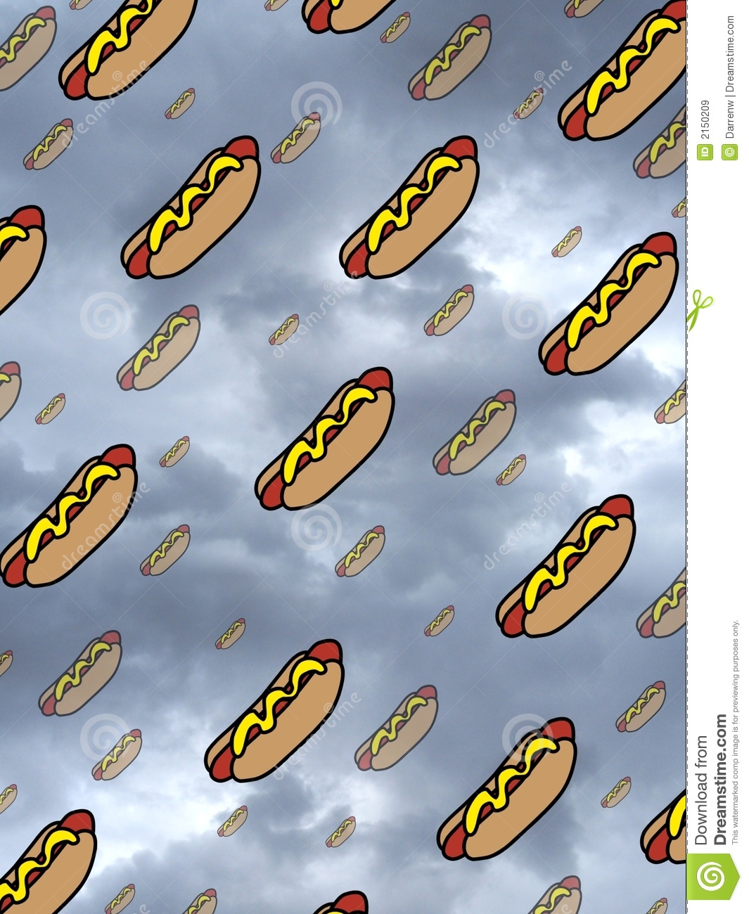 Illustration Of Lots Of Hot Dogs Falling Over A Sky Background