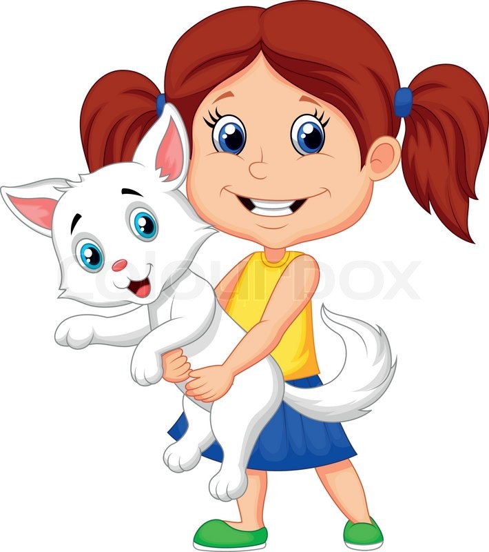 Of  Vector Illustration Of Cartoon Happy Little Girl Hugging Her Pet