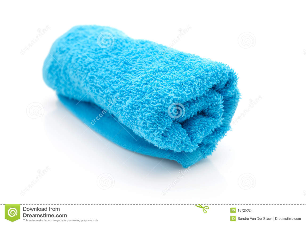 Rolled Blue Towel In Closeup Over White Background 