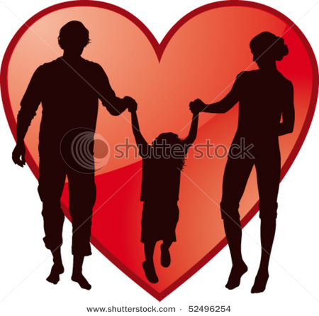 Silhouette Family With Red Heart   Vector Clip Art Illustration
