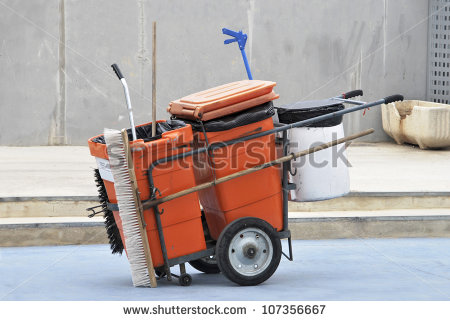 Street Cleaner Tools In An Orange Cart  Street Cleaning Service