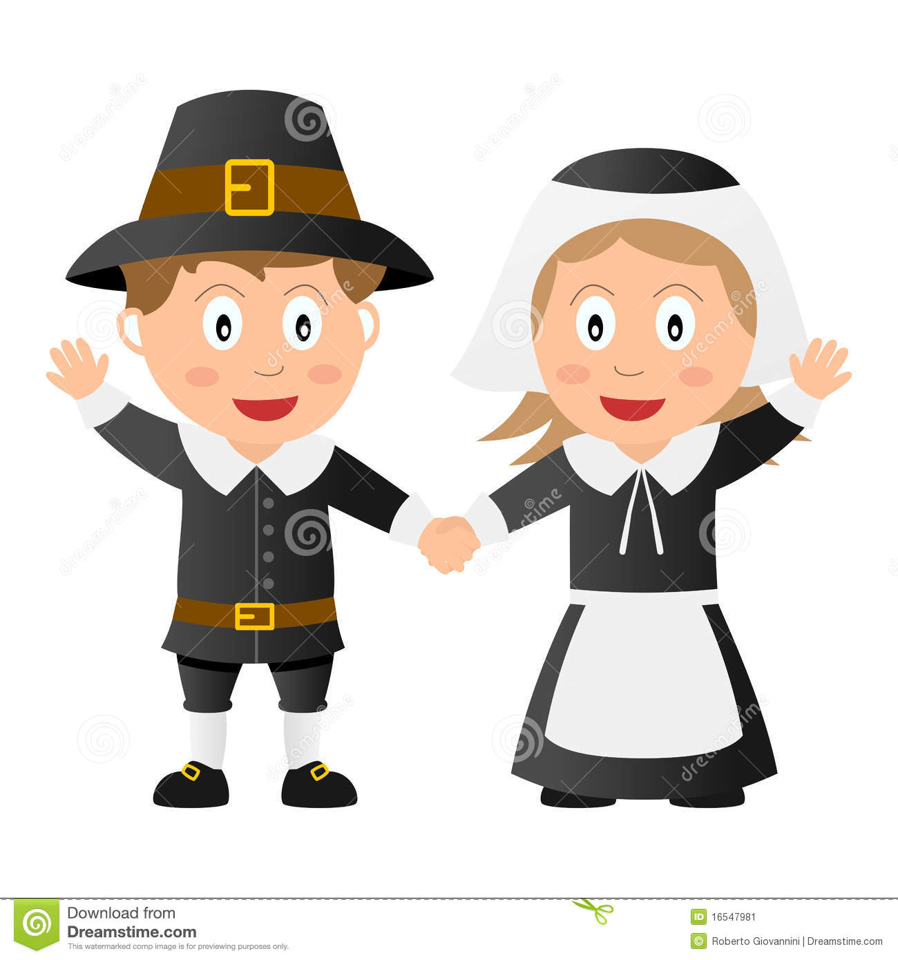 Thanksgiving Pilgrim Kids Holding Hands Isolated On White Background