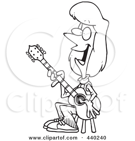     And White Outline Design Of A Female Guitarist Sitting On A Stool