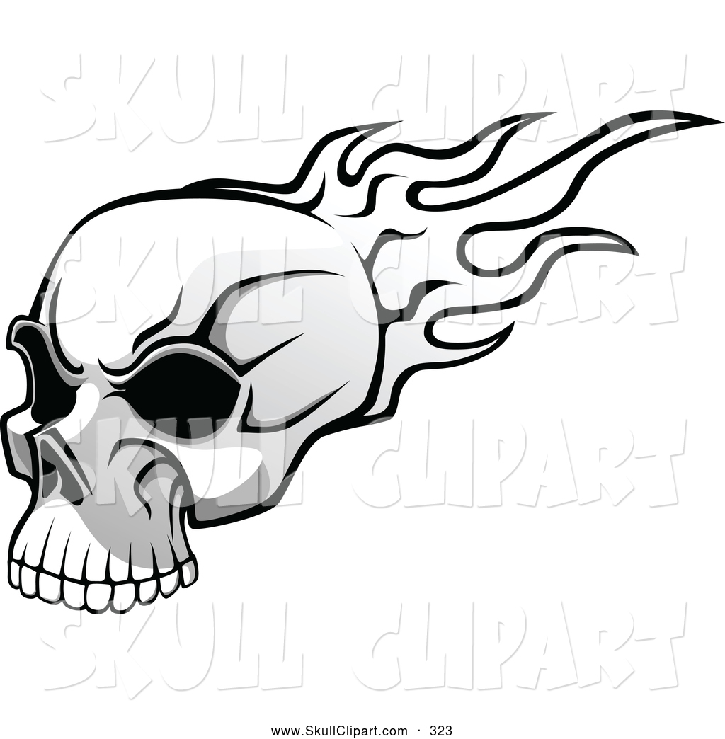 Art Of A Flying Black And White Flaming Skull With Dark Eye Sockets