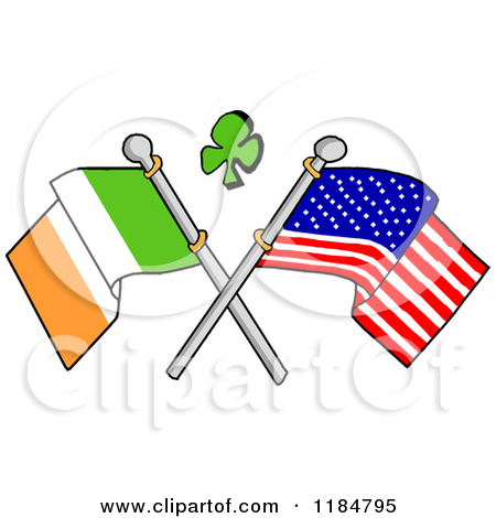 Cartoon Of A Shamrock Over Crossed Irish And American Flags   Royalty