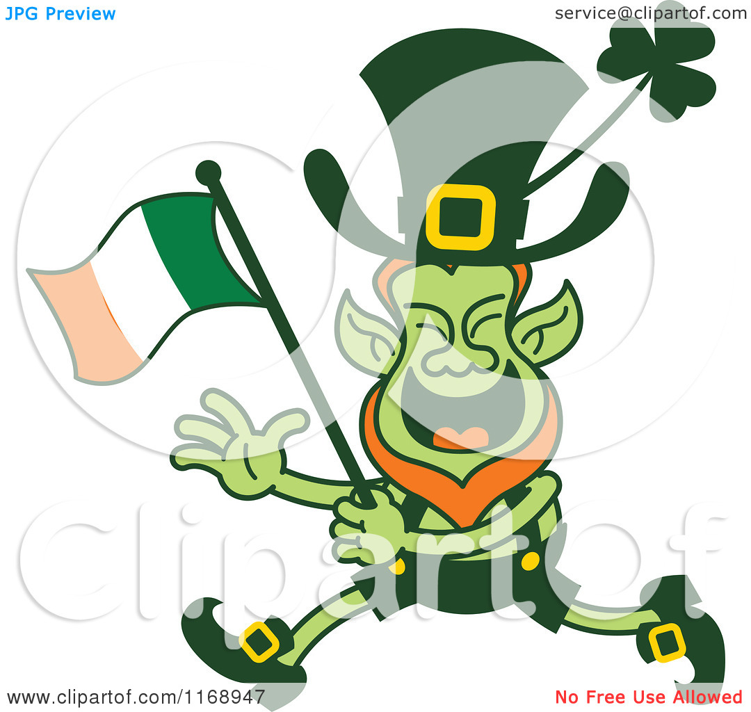 Cartoon Of A St Patricks Day Leprechaun Running And Waving An Irish