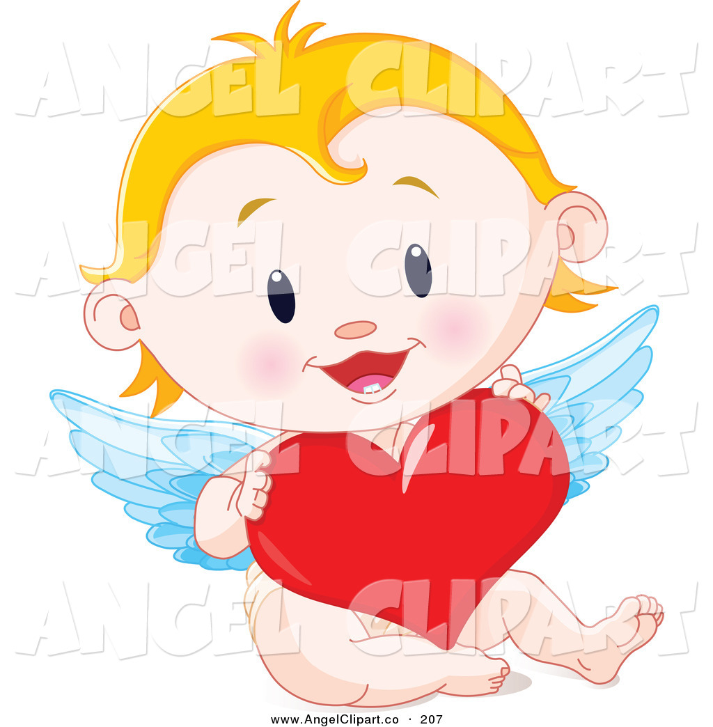Clip Art Of A Blond Baby Cupid Holding A Red Heart And Laughing By