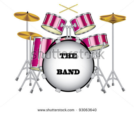 Picture Of A Pink Drum Set With The Band Written On The Bass Drum In A