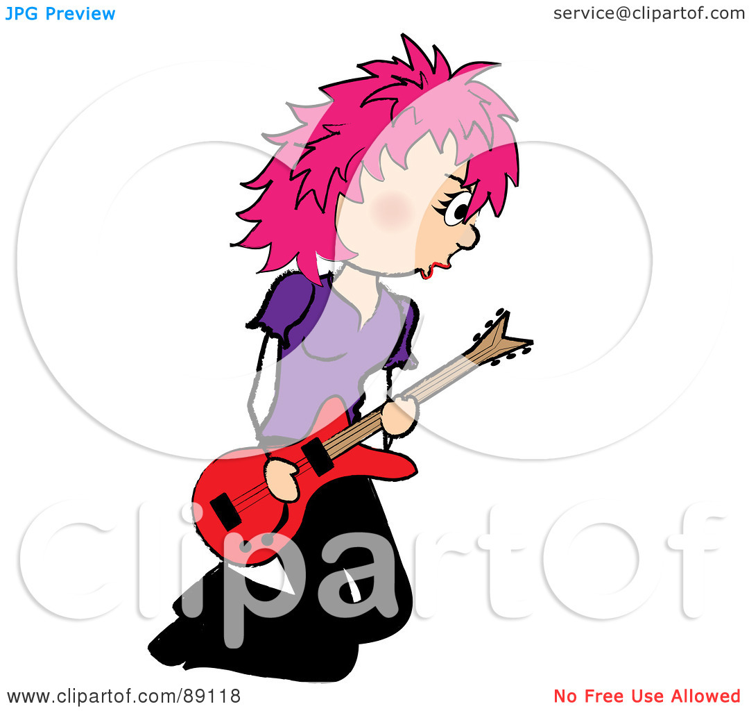 Rf  Clipart Illustration Of A Kneeling Pink Haired Female Guitarist