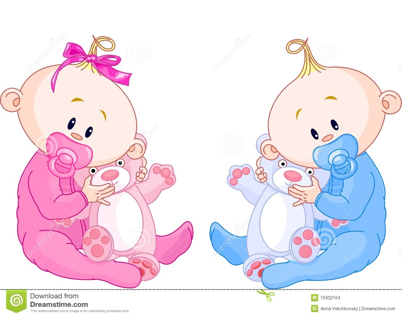 Twin Baby Boy And Girl With Pacifiers And Toys