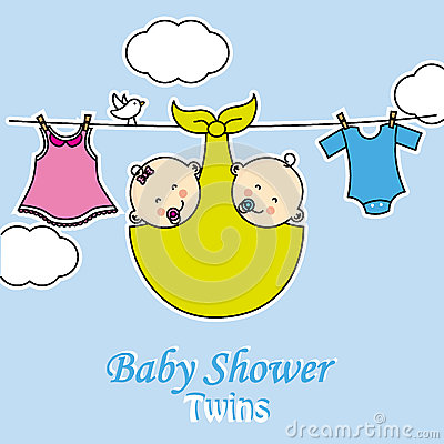 Twins Baby Shower  Baby Girl And Boy With Clothes Hanging On The Rack