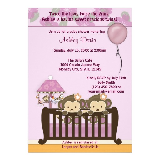 Twins Monkey Baby Shower Invitation Crib Orchid 5 X 7 Invitation