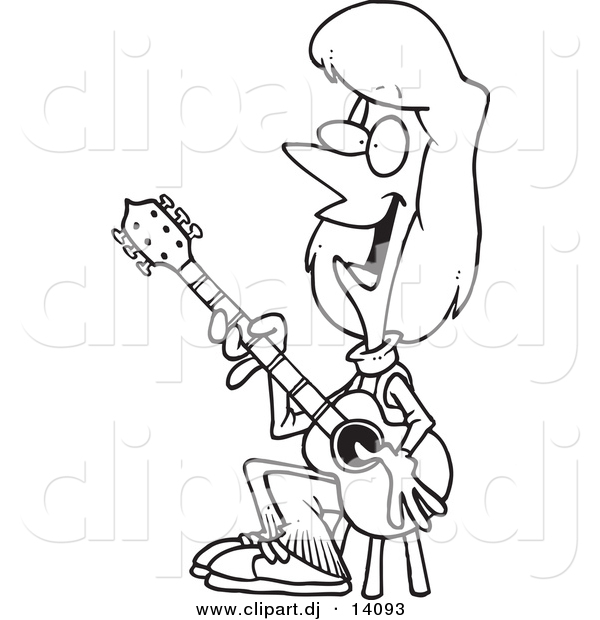 Vector Of Cartoon Female Guitarist Sitting On A Stool   Coloring Page
