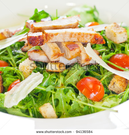 Chicken Salad With Tomatoes Arugula And Bread Croutons In The White    