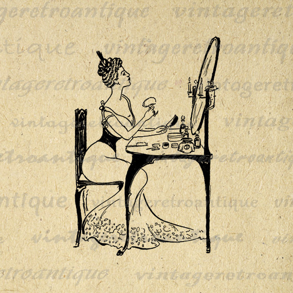 Digital Graphic Girl At Makeup Vanity Download Printable Illustration