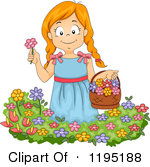 Haired Girl Picking Flowers In A Garden Royalty Free Vector Clipart