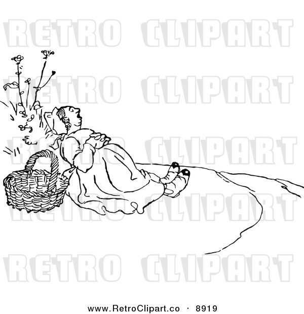 Vector Clipart Of A Retro Black And White Woman Napping Outdoors By