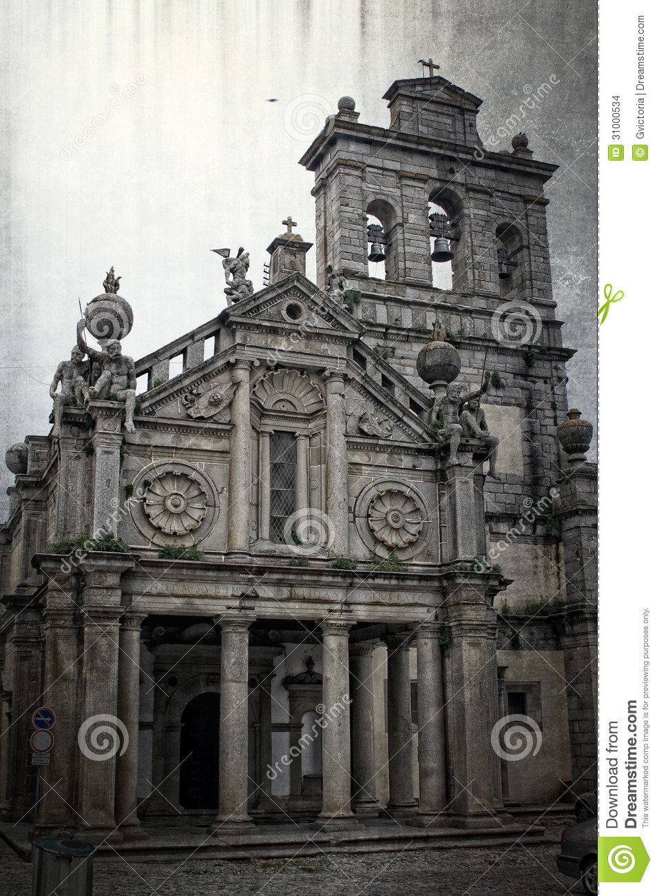     Church With Ornate Statues And Tower With 3 Bells With Gothic Look