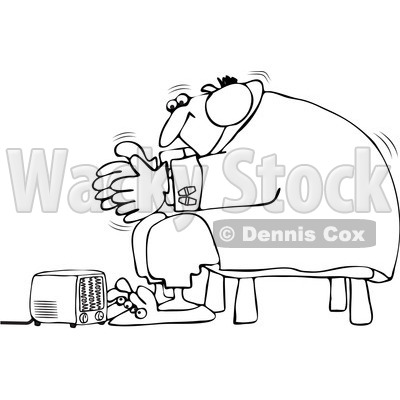 Clip Art Illustration Of A Black And White Man By A Floor Heater