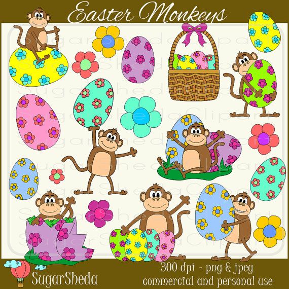 Colorful Easter Monkey With Easter Eggs And Flowers   Easter Egg Clip