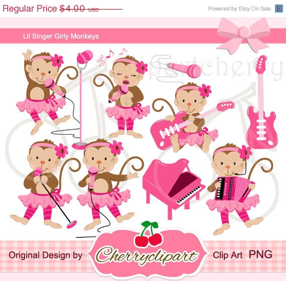 Easter Sale Lil Singer Pink Tutu Girly Monkey Digital Clipart Set