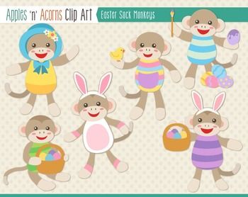 Easter Sock Monkeys Clip Art   Color And Outlines