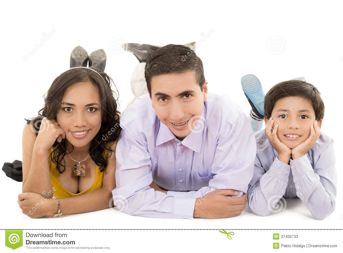 Happy Latino Family Portrait   Isolated Over A White Background  This