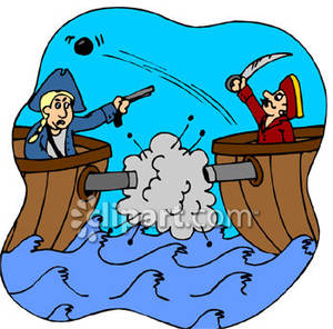 Pirate Ships Fighting With Cannons   Royalty Free Clipart Picture