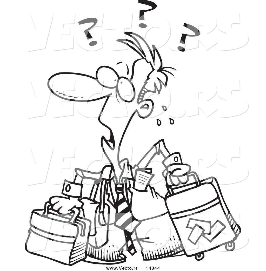 Vector Of A Cartoon Confused Businessman With Luggage   Coloring Page