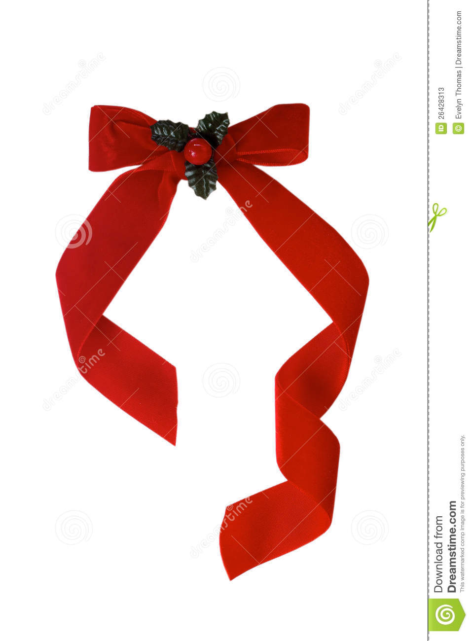 Velvet Ribbon And Bow With Holly For Christmas Isolated On A White