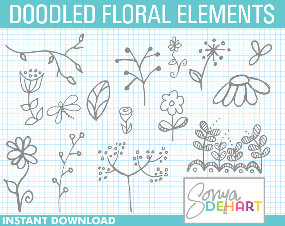 80  Off Sale Clipart Doodle Floral Elements Sketched Flowers Hand